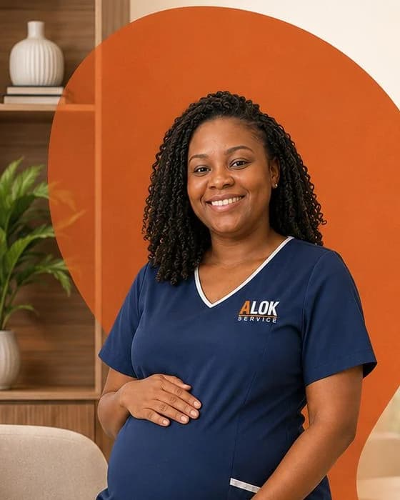 Colaboradora gestante da Alok Service sentada em uma poltrona