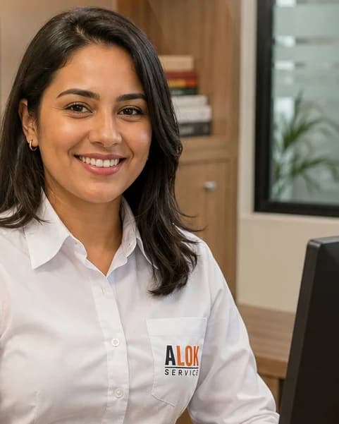 Assistente administrativa da Alok Service trabalhando em um escritório