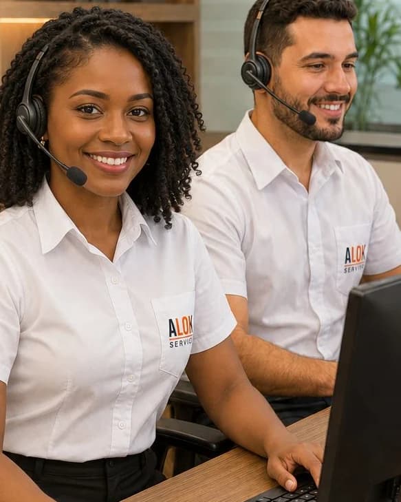 Dupla de atendentes da Alok Service com headset em uma central de atendimento