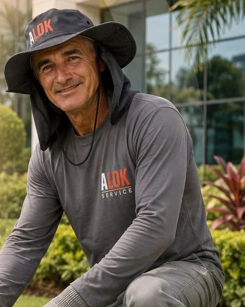 Jardineiro da Alok Service podando arbustos no jardim de uma empresa