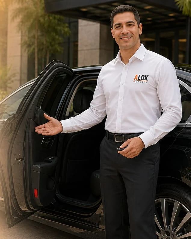 Motorista executivo da Alok Service abrindo a porta de um carro preto