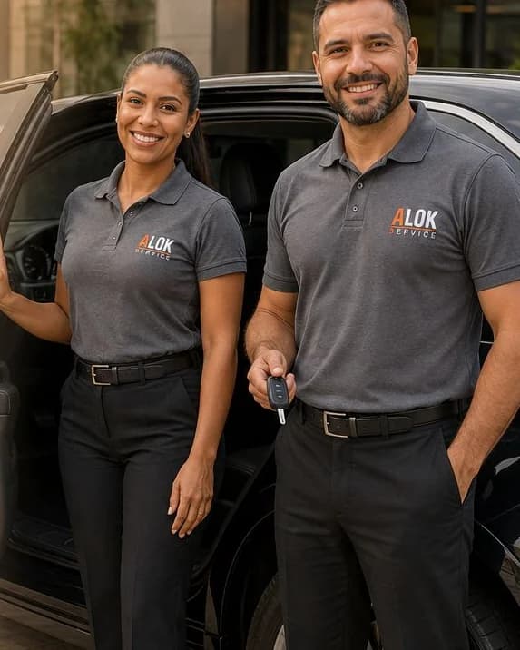 Motoristas da Alok Service ao lado de um veículo corporativo