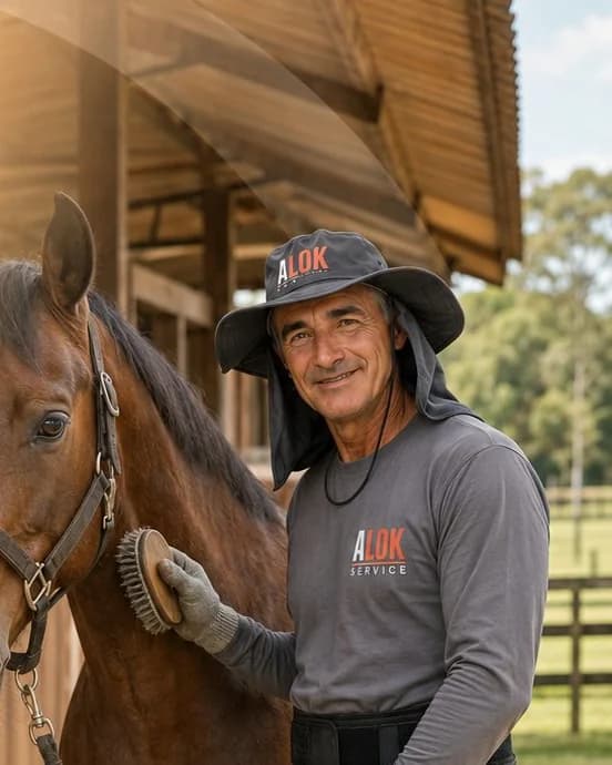 Tratador da Alok Service escovando um cavalo em uma baia